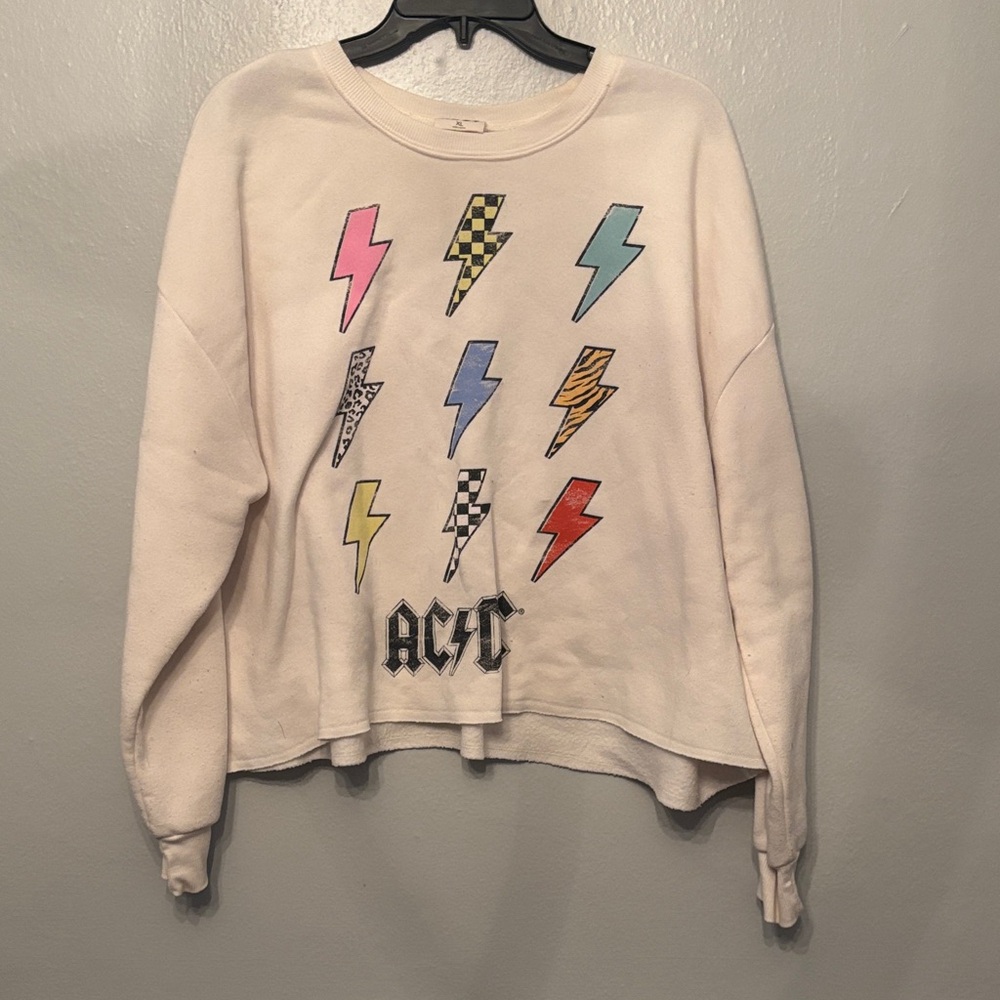 AC/DC Cream Crewneck Sweatshirt with Multicolor Lightning Bolts